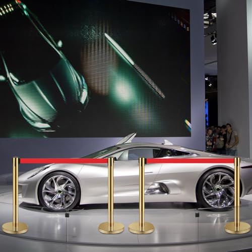 Ferraycle 4 Set Stainless Steel Stanchions with Retractable Belts Crowd Control Ropes and Poles Safety Crowd Control Barriers Queue Line Dividers for Crowds Gold Stanchion Post with Red 6.6 Ft Belt - Thumbnail 6
