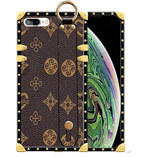 iPhone 6P/7p/8p Case with Adjustable Wristbande JIUSHIWO Shockproof Case,Shiny Electroplating Metal Decoration Back Square Edge Cover for Apple iPhone 6 Plus/7 Plus/8 Plus 5.5-inch (Brown)