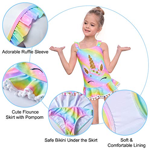 Mhjy Girls One Piece Swimsuits Swimwear Unicorn Bathing Suit Ruffle Beachwear With Pompoms,7-8 Years,Rainbow Unicorn #TOP4