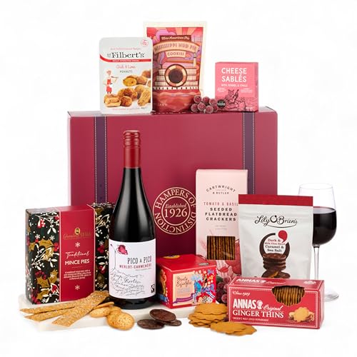 Thornton and France The Redsleeves Luxury Red Wine Hamper With Nibbles | Festive Red Wine Gift in Wicker-Style Box | Gift For Sharing | 9 Delicious Items for Sharing with Family, Friends or Colleagues