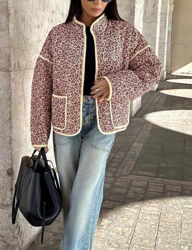 HangNiFang Women's Cropped Puffer Quilted Jacket Oversized Floral Printed Cardigan Winter Coat3