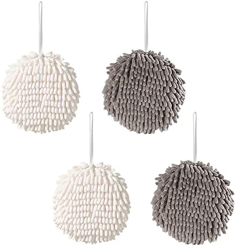4 Pack Chenille Hanging Hand Towel Ball Soft Absorbent Microfiber Hand Towels Plush Quick-Drying Hanging Hand Towel Ball with Hanging Loops for Bathroom Kitchen, White and Gray
