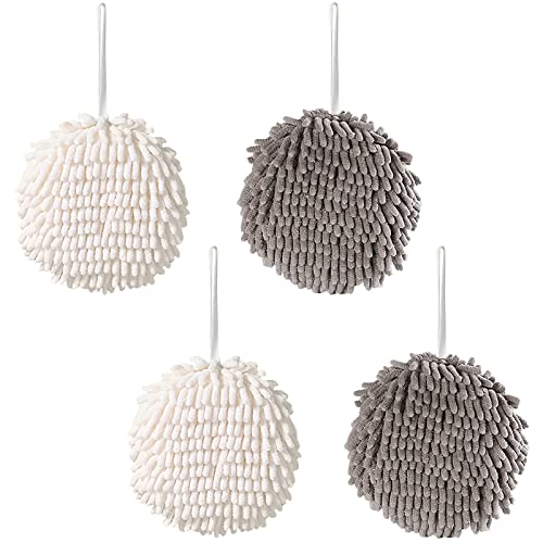 4 Pack Chenille Hanging Hand Towel Ball Soft Absorbent Microfiber Hand Towels Plush Quick-Drying Hanging Hand Towel Ball With Hanging Loops For Bathroom Kitchen, White And Gray #TOP1