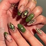 Nymora 24 Uñas Autocollantes, Uñas Postizas de Color Verde con Brillo Estelar, Uñas Artificiales con Diseño 3D, Incluye Adhesivo y Lima de Uñas para Mujeres y Niñas