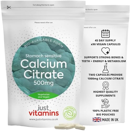 Calcium Citrate 500mg 90 Vegan Capsules - Calcium Tablets Supplement for Bones Teeth Muscle Function Energy-Yielding Metabolism Nerve Health UK Made Premium Quality | Just Vitamins