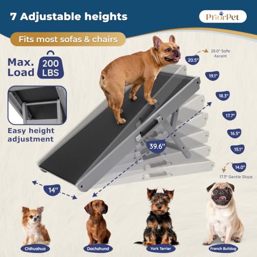 Image of Dog Ramp for Couch - Non-Slip, Sturdy Build Foldable Wooden Dog Ramp - Supports up to 200 lbs - 7 Adjustable Heights (14 inch-20.5 inch) - Enhanced Stability - Birchwood Pet Ramp for Small Dogs - Gray