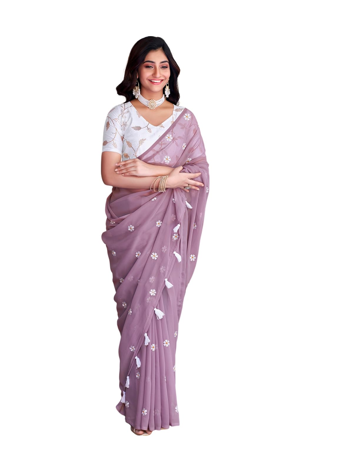 Satrani Women's Georgette Embroidery Saree With Unstitched Blouse Piece (3607S125N_Mauve)