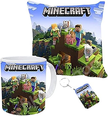 Minecraft Gift Combo- 16*16 inch Cushion with Filler, Coffee Mug & Keychain by CRAFT MANIACS | Best Gift for Minecraft Lovers