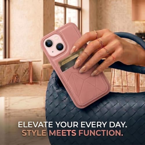 Image of amazon basics Premium Vegan Leather Back Cover with Card Holder and Integrated Mobile Stand for iPhone 14 - Slim Shockproof Wallet Case with Geometric Stitching [Pink]