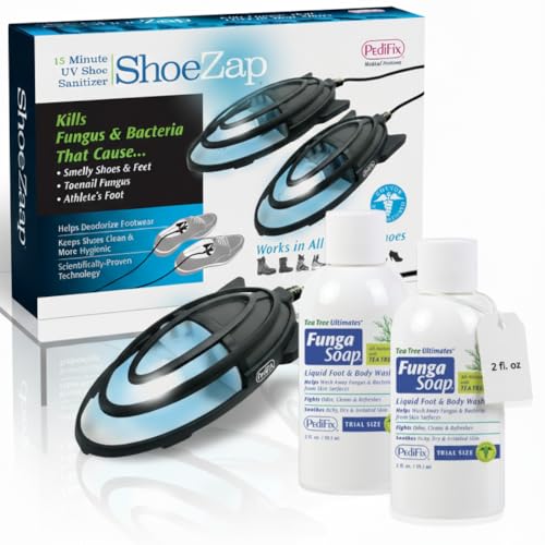 Pedifix ShoeZap UV Shoe Sanitizer + FungaSoap Tea Tree Wash 2 oz Bundle – UV Light Shoe Deodorizer with 2 Tea Tree Cleansers for Foot Odor, Fungus Care, Athlete’s Foot & Shoe Freshening