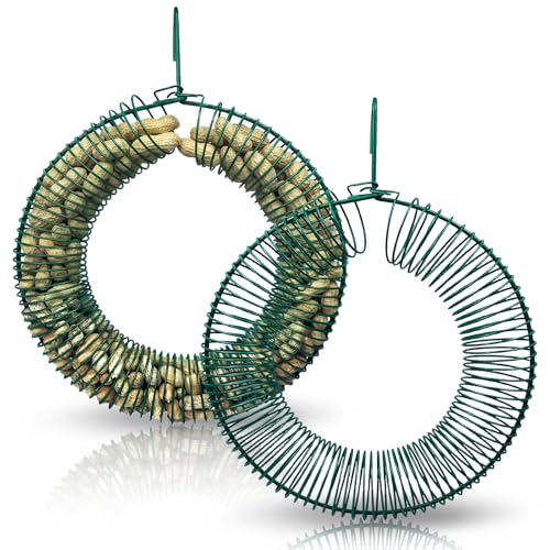 2 Pack Peanut Bird Feeder Hanging Peanut Wreath Bird Feeder Metal Round Feeder for Outdoor Birds & Squirrels Feeding Whole Peanut Ring Bird Feeder with Hanging Hook Rustproof & Weatherproof