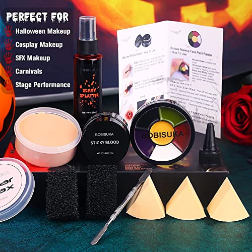 BOBISUKA-Demonic-Special-Effects-SFX-Halloween-Makeup-Kit-5-Colors-Bruise-Makeup-Face-Body-Painting-Palette-Scar-Wax-with-Spatula-Tool-Fake-Blood-Splatter-Spray-Fake-Blood-Cream-Stipple-Spong