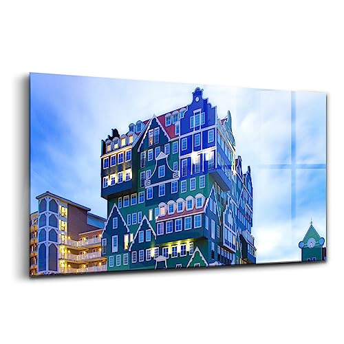 Innovante wallart maison colorée à Amsterdam peinture sur verre design panoramique 100x50cm