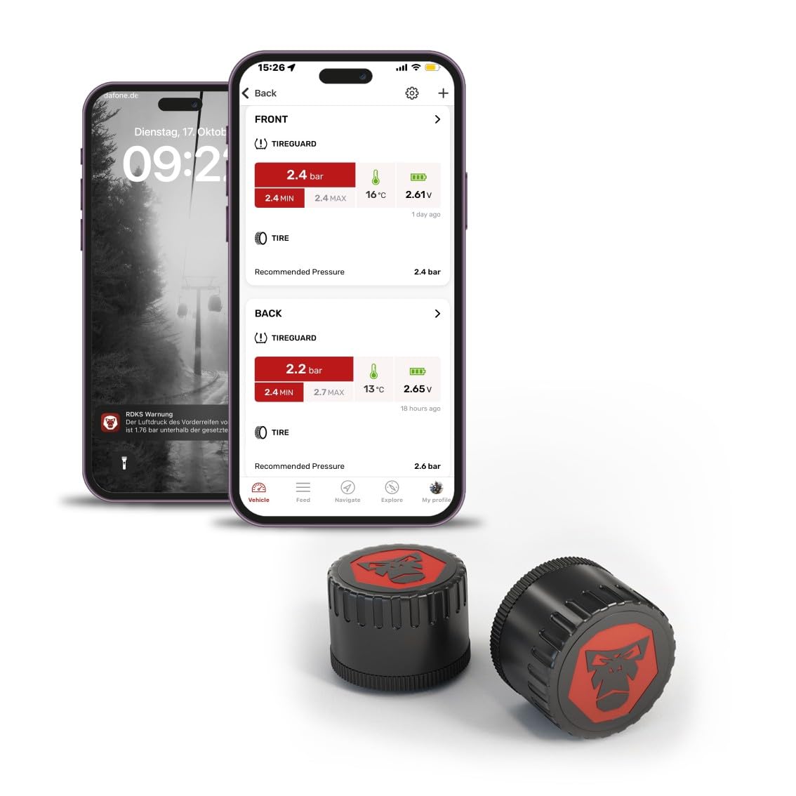 TPMS | Sensores de presión de neumáticos | Temperatura de los neumáticos | Bluetooth 5.0 | Válvula de 3,5" | 8 Gramos por Sensor | App | Navegación | Seguimiento | Planificación de rutas | Especificaciones: Bluetooth: v5.0