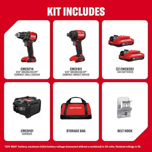 CRAFTSMAN V20 Brushless RP Drill Driver and Impact Driver Compact 2 Tool Combo Kit With 2 x 2ah Battery and Charger, 1900 RPM Power Drill, 2100 Torque Cordless Impact (CMCK1411D2) by CRAFTSMAN - Used condition - Image 2