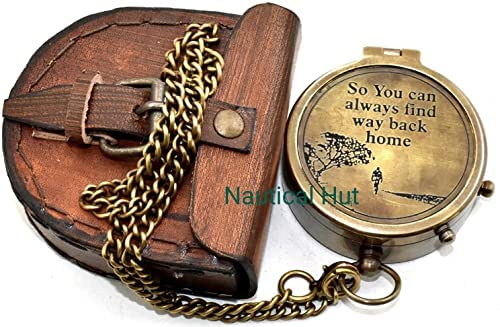 Nautical Hut Compass So You Can Brass Nautical Pocket Compass with Leather Carry Case, Compass with Chain, Pirates Compass, Engravable Gift Compass, Camping Compass