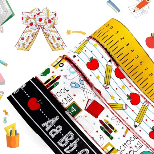 4 Rolls Back to School Ribbon ABCPencilAppleYellow Ruler Ribbon 2.5 Inch 20 Yards Fabric Wrapping Ribbons for Bow Wreath Party Home Decor