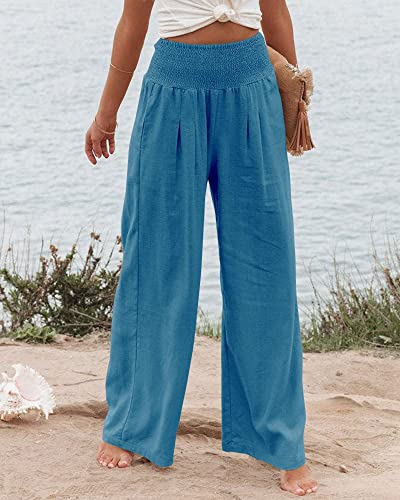 Kubbon Cotton Linen Pants for Women Wide Leg High Waist Pants Casual Stretchy Palazzo Trousers with Pockets Summer Clothes2