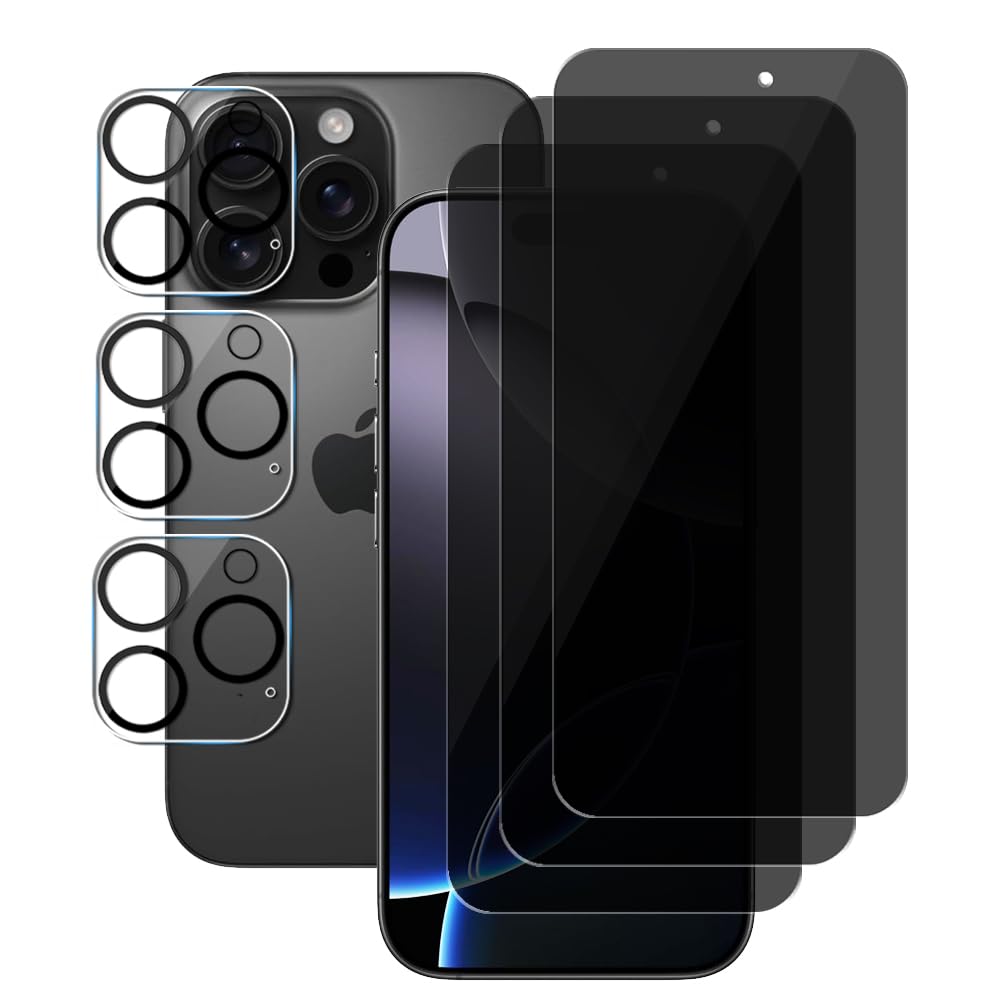 UZWZW (3+3) For iPhone 16 Pro (6.3 inch) (3 Pack) Anti Spy Private Tempered Glass Film Privacy Screen Protector and (3 Pack) Camera Lens Protector [Not Affect Flash], 9H Hardness, Anti Scratch