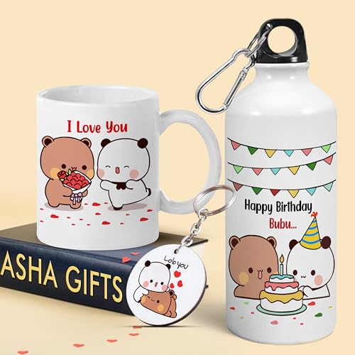 Image of Bubu Dudu Love Gift for Birthday /Anniversary Sipper Water Bottle 750 ML Aluminium with 320 ML Coffee Mug, Wooden Keychain Combo Pack MSK-V (Design-7)