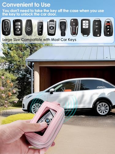 Image of Keychain, Works with Apple Find My, Key Finder Built-in Anti-Loss Tracker, Leather Car Fob Key Holder, Double-Layer Car Key Chains with Global Locator Tracking, Rechargeable (Pink)