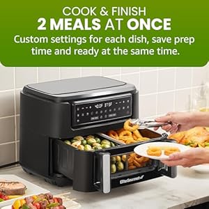 Elite gourmet eaf1055d dual zone air fryer oven 11qt capacity with divider sync finish dishwasher safe basket 10 preset functions 1600 watts with recipe booklet black  urban country home decor