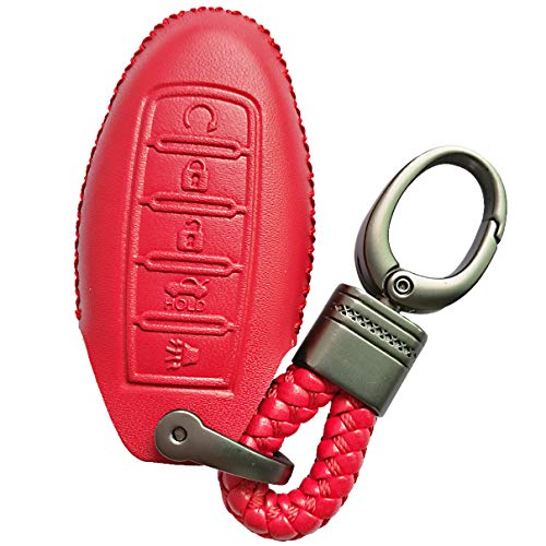 Alegender Hand Sewing Red Leather 5 Buttons Key Fob Cover Case Remote Holder Fit for 2017 2018 2019 2020 2021 Nissan Rogue Maxima Altima Sedan Pathfinder