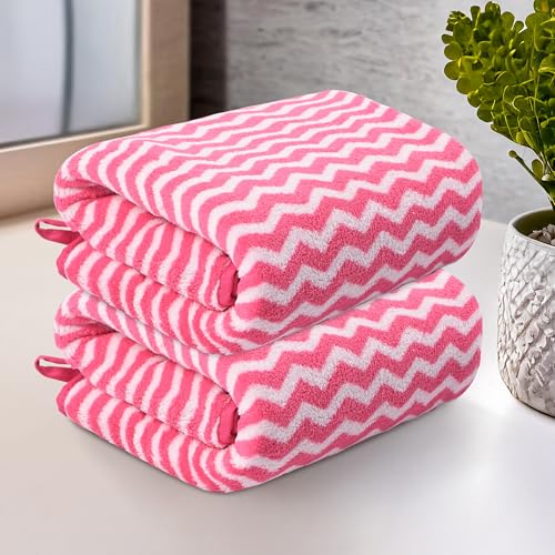 Image of Kuber Industries 2 Pcs Microfiber 19x38 Inch Soft Face Towels for Women and Men | 280 GSM Quick Dry & Absorbent Hanging Hand Towels for Wash Basin Bathroom, Kitchen and Home | Zig Zag - Pink