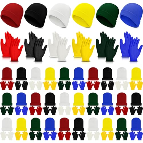 Handepo 30 Set Kid Winter Beanie and Gloves Bulk Knit Hat Gloves Pack Warm Unisex Cold Weather Hat for Homeless Shelter Gift(Fresh Color)
