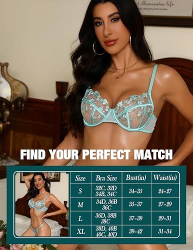Image of Lingerie Sexy Bra and Panty Set for Women See Through Sheer Underwear Cute Exotic Floral Embroidery Babydoll Set