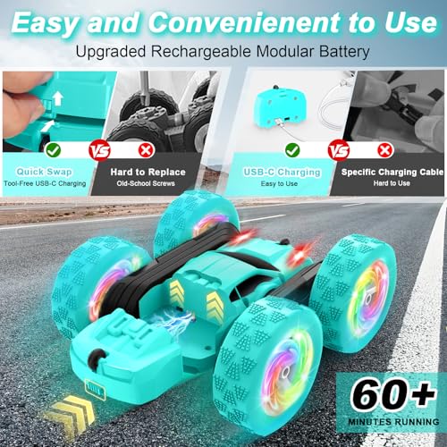 Image of Remote Control Car, Stunt RC Cars, 2.4GHz Double Sided 360 Flips RC Crawler, Outdoor Toys for Kids Ages 4-8, Upgraded USB-C Modular Battery, 5 6 7 8 9 10 +Year Old Boys Birthday Gifts MintGreen