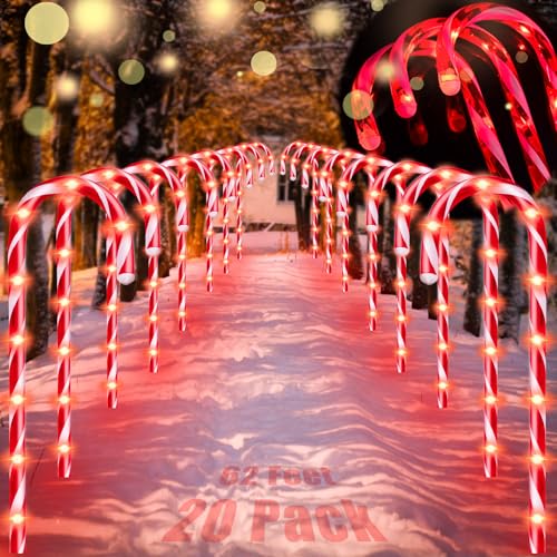 20 Pack Candy Cane Christmas Decorations Outdoor, 62FT Christmas Pathway Lights with Timer, 8 Flashing Modes Candy Cane Lights, Red LED for Outdoor Xmas Decor for Walkway Yard Lawn Porch Holiday