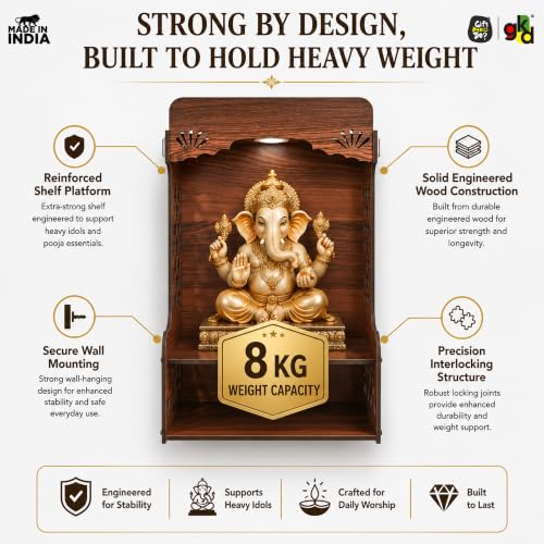 Image of Gift Kya De Wooden Temple for Home | Premium Design Pooja Mandir for Home, Office, Shop with Storage, Can be Used as Pooja Stand for Wall Mounted with LED Spot Light (DIY)(16x10 inch)