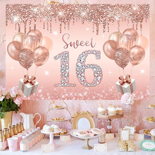 Image of Sweet 16 Birthday Decorations for Girls, banner,Backdrop, it's my 16th Birthday Sash, Sweet Rhinestone Tiara Crown,Balloons