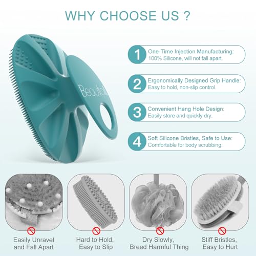 Image of Silicone Body Scrubber 2 Pack, BEAUTAIL Shower Bath Wash Brush, Gentle Exfoliating Scrub Cleansing Loofah for Women Men Baby Sensitive Skin, Easy to Clean, Lather Nicely, More Hygienic, Black+Cyan