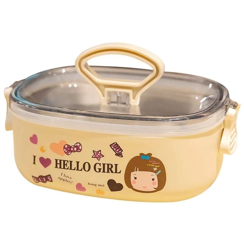 Kids Premium 600ML Lunch Box Stainless Steel Cartoon Print 1 Compartment with Spoon, Food Grade Lunchbox Clip Lock Leak Proof Container for School Travel Picnic (Yellow)
