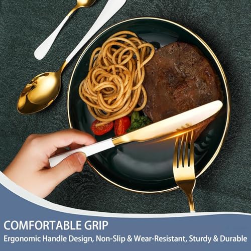 Image of 24 Pieces Flatware Set, Stainless Steel Cutlery Set with Silverware Holder, Modern Gold Silverware Set Includes Dinner Knives Forks Spoons,Hanging Silverware (White)