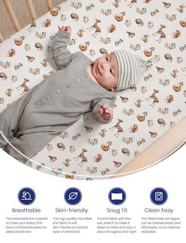 Image of TotAha Premium Soft Graco Pack n Play Sheets Fitted, Super Stretchy Jersey Knit Mini Crib Sheets Fitted, Silky Comfort Pack and Play Mattress Sheets, 2 Pack (Forest Animals)