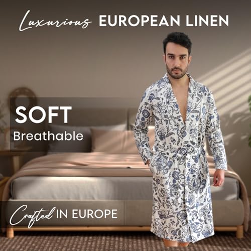 Men’s Lounge Robe & Shorts Set - Gabriel Linen Printed Almondine - Crafted in Europe4