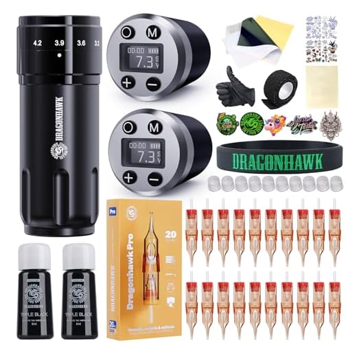Dragonhawk Wireless Tattoo Gun Kit, Fold3 Rotary Machine Pen with 2 Replaceble Batteries, 20 Count Glide Extra Smooth Needles Cartridges, Adjustable Stroke Length