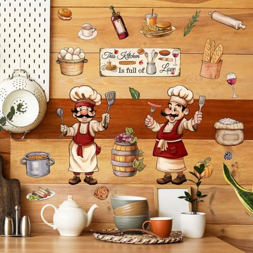 4 Sheets Cute Fat Chef Kitchen Decor Wall Stickers Removable Fridge Wall Decals Baking Wall Murals Peel and Stick Vinyl Kitchen Cabinet Decals Home Decorations