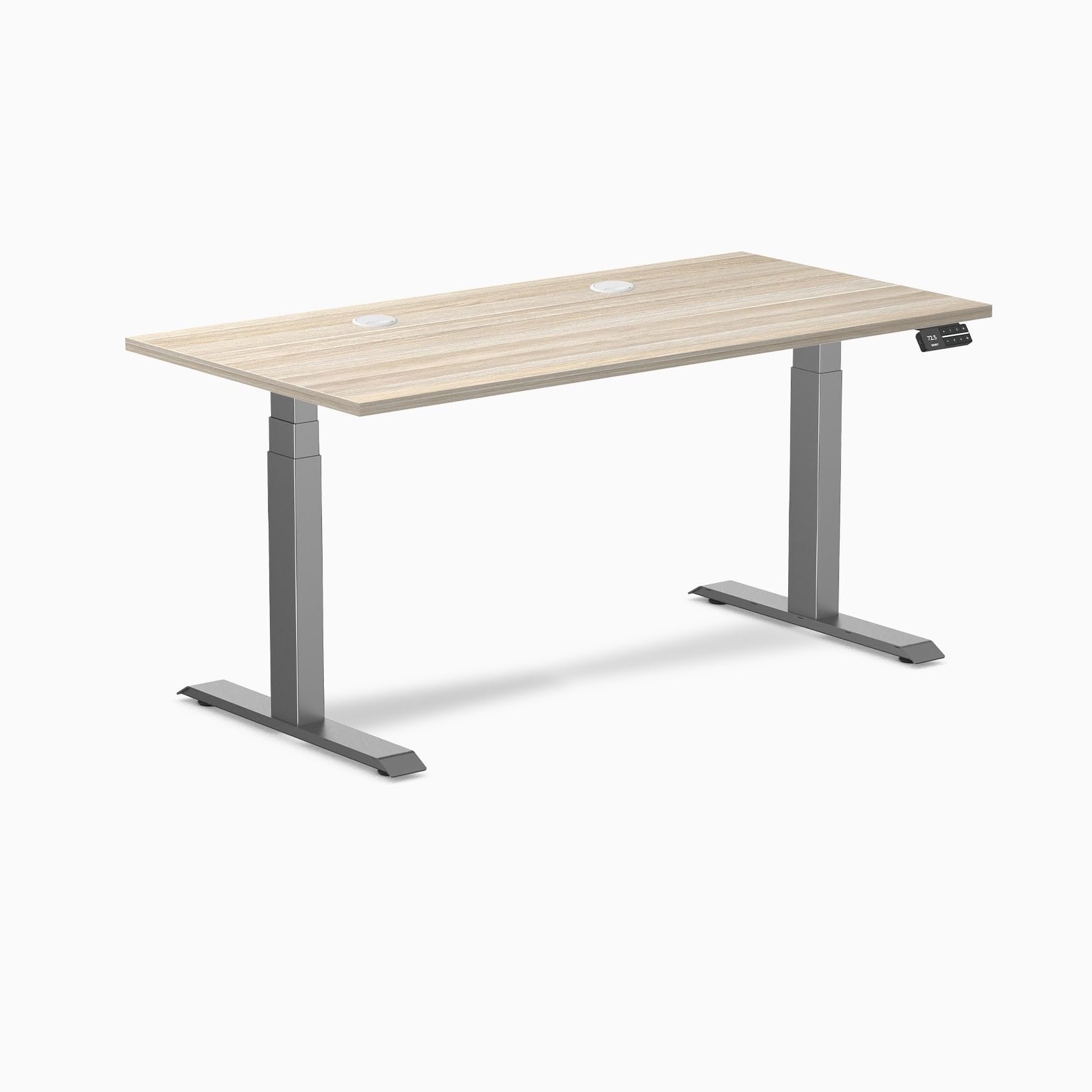 Desky Dual Laminate Sit Stand Desk Classic Oak 59.1" Grommets Space Gray