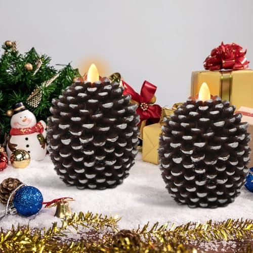 Image of Wondise Flameless Candles with 6H Timer, Battery Operated Flickering Wick Real Wax Pine Cone Candles for Holiday Indoor Decoration, Set of 2, Brown(D3.5 x H4.7 Inch)