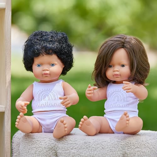 Image of Miniland Doll 15'' Caucasian Curly Black Hair Boy (Box) - Made in Spain, Anatomically Correct, Quality, Inclusion