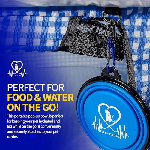 Image of Pet Fit For Life Extra Large Cat Carrier for Travel - Foldable & Portable Collapsible Kennel with Litter Box, Feather Toy & Water /Food Bowl - Ideal for Cars, Long Trips & Indoor Cats - Blue Checkers