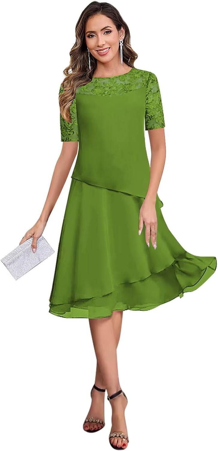 Women's Short Sleeve Tea Length Mother of The Bride Dresses for Wedding Ruffle Chiffon Lace Formal Dress