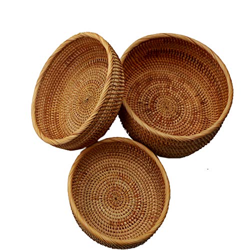Bread Basket,Handmade Woven Rattan Storage Basket Round Bowl Shape for Fruit Chips Rolls,Set of 3 Size (RoundBowlSuit1x3)