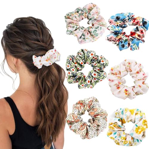 Women's Floral Chiffon Hair Scrunchies - Elastic Rubber Bands for...
