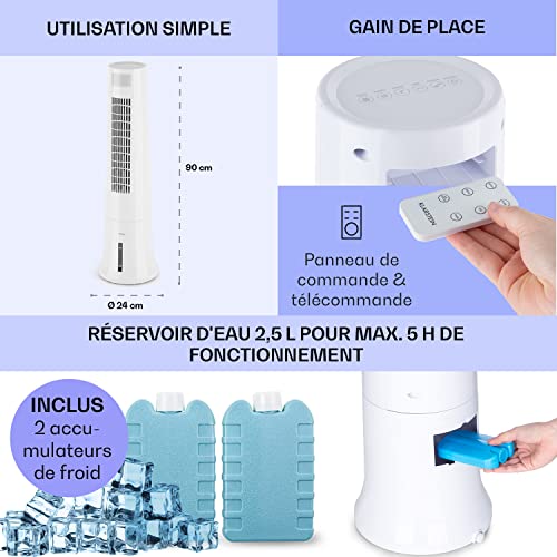 klarstein rafraichisseur d'air 4 en 1, climatiseur portable, humidificateur, ventilateur, ioniseur, climatiseur mobile sans Évacuation, pack glacons, réservoir 2.5l, 40w, puissant débit d'air 530m³/h