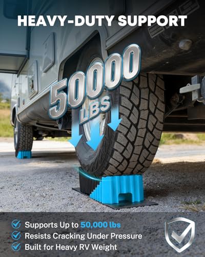 Image of Kohree RV Leveling Blocks, Levels Up to 5 inch, Supports Up to 50,000 lbs | 2 Curved Camper Levelers, 2 Wheel Chocks, 2 Rubber Mats, 1 Carry Bag, for Travel Trailers & Fifth Wheels, Blue